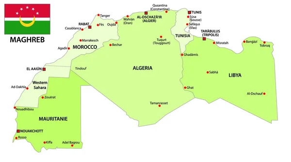 Mapa Vetorial Administrativo Político Dos Estados Magrebe Com Bandeira — Vetor de Stock