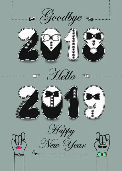 Goodbye 2018 Hello 2019 Artistic Black White Numbers Ties Buttons — Stock Vector