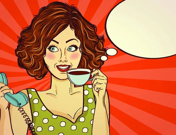 Sexy Pop Art Vrouw Met Koffiekop Reclameposter Stripstijl Vector — Stockvector