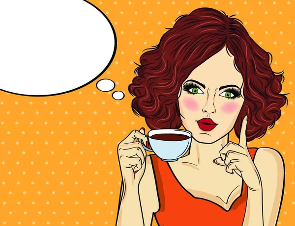 Sexy Mujer Arte Pop Con Taza Café Cartel Publicitario Estilo — Archivo Imágenes Vectoriales