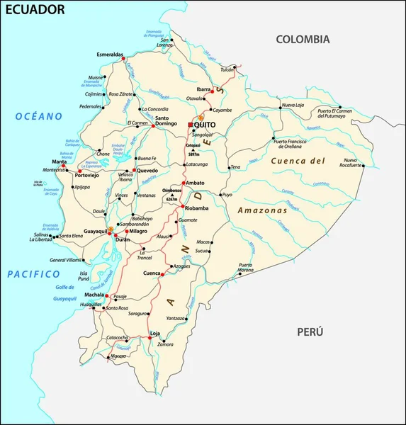 Republika Ekvádor Silniční Vektorová Mapa — Stockový vektor