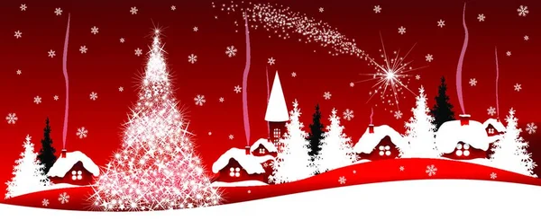 クリスマスの赤いバナー 赤い背景のクリスマス休暇の夜のシーン — ストックベクタ