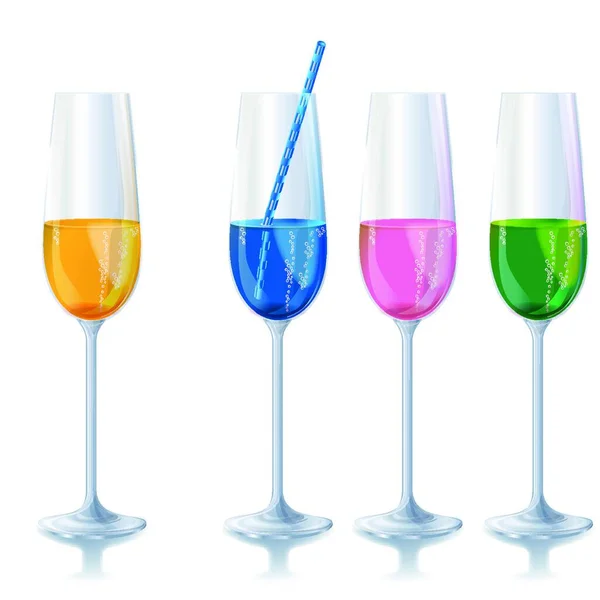 Quattro Diversi Bicchieri Champagne Colorati Stretti Con Cannuccia Bere — Vettoriale Stock