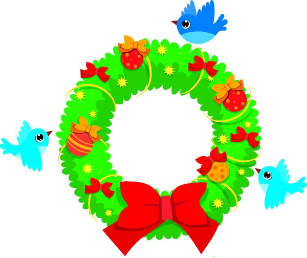 Vector Corona Navidad Ramas Abeto Con Aves Voladoras — Vector de stock