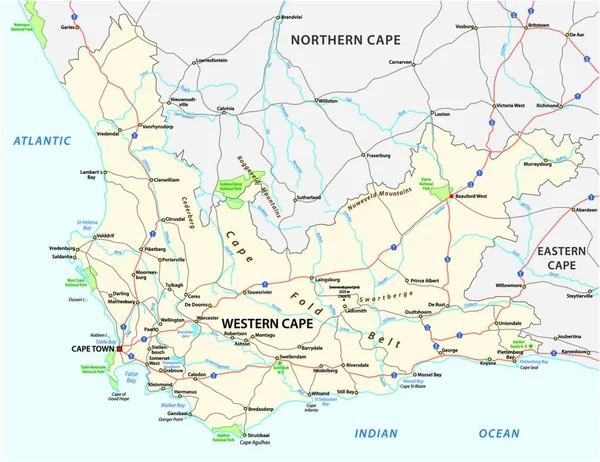 Jižní Afrika Západní Kapské Provincie Silniční Národní Park Vektorová Mapa — Stockový vektor