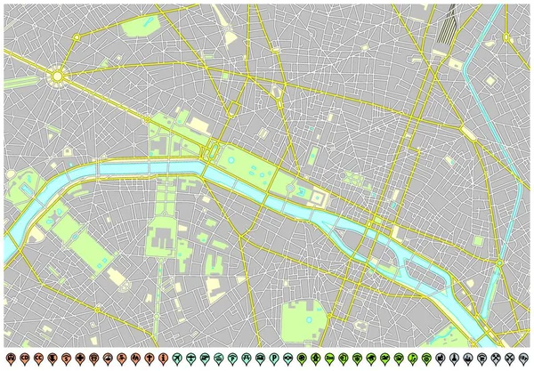 Paris Stadtvektorkarte Mit Pinzeigern Und Infrastruktursymbolen — Stockvektor