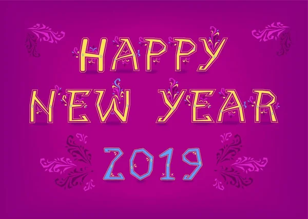 Gele Tekst Happy New Year Blauwe Nummer 2019 Artistieke Lettertype — Stockvector