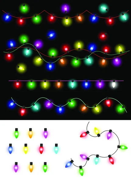 カラフルな輝くクリスマスライトのガーランド 電球のセット — ストックベクタ