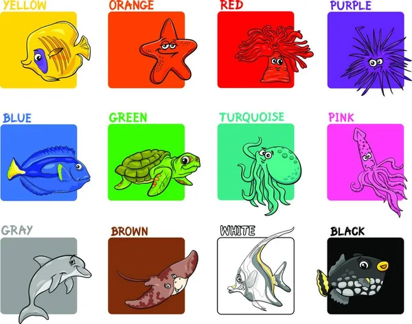 Καρτούν Εικονογράφηση Των Βασικών Χρωμάτων Θάλασσα Χαρακτήρες Ζώων Ζωή Εκπαιδευτικό — Διανυσματικό Αρχείο