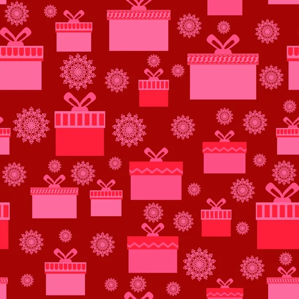 Red Wrapping Christmas Seamless Paper Mit Verschiedenen Schachteln Und Schneeflocken — Stockvektor