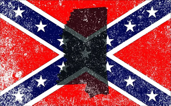 Flaga Konfederatów Podczas Amerykańskiej Wojny Domowej Pokrywą Sylwetki Mapy Missisipi — Wektor stockowy