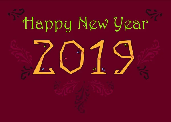 2019 Год Зеленый Текст Поздравления Новым Годом Художественный Желтый Номер — стоковый вектор