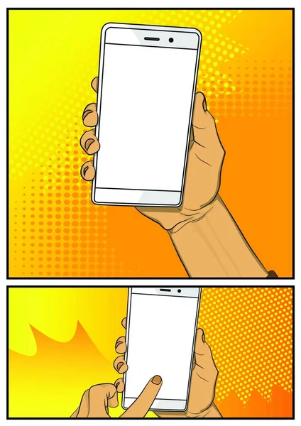 Hand Holding White Cellphone White Screen Vector Illustrated Retro Comic — Stock Vector
