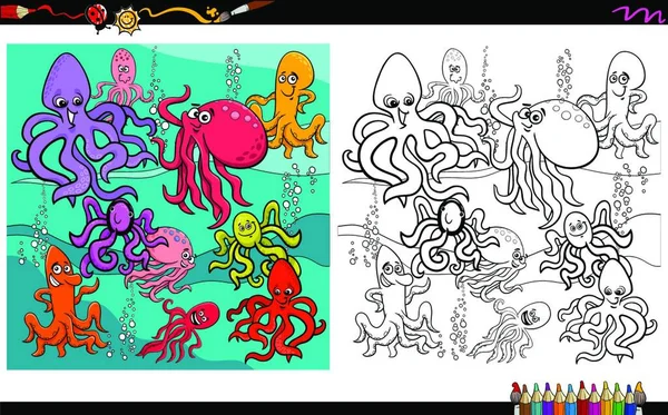 Dibujos Animados Ilustración Pulpo Vida Marina Animales Personajes Grupo Libro — Vector de stock