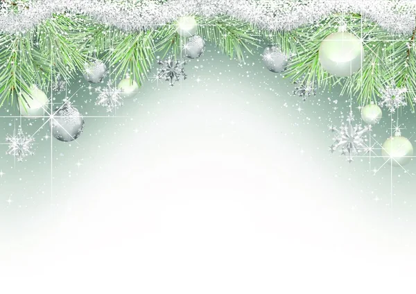 Weihnachten Hintergrund Mit Schneebedeckten Zweigen Und Hängenden Ornamenten Festliche Xmas — Stockvektor