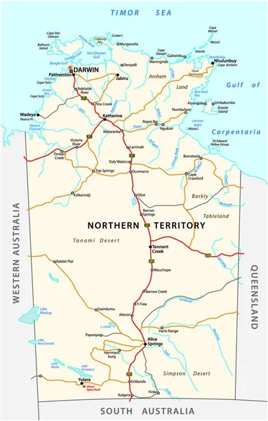 Mapa Estradas Vector Território Norte Austrália —  Vetores de Stock