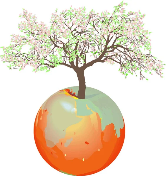 Illustration Vectorielle Terre Pommier Avec Arbre Croissance — Image vectorielle