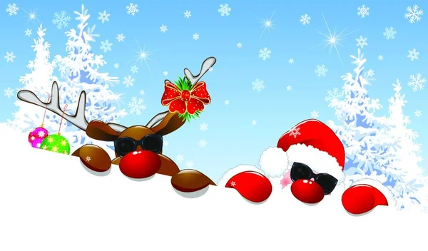 圣诞老人和一头鹿正躺在雪地里 背景是一片冬季的森林 圣诞老人和一只红鼻子的鹿 — 图库矢量图片