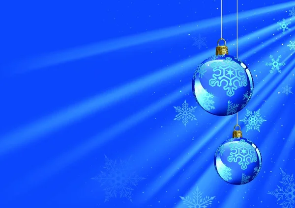 Blauer Weihnachtlicher Hintergrund Mit Weihnachtskugeln Und Lichtstrahlen Mit Fallenden Schneeflocken — Stockvektor