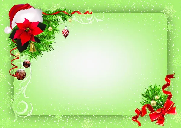 Fundo Natal Verde Com Ornamentos Natal Chapéu Santa Arco Vermelho — Vetor de Stock