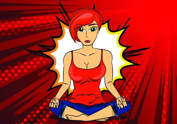 ヨガの概念 漫画のベクトル イラスト ヨガをやって女性の瞑想 — ストックベクタ
