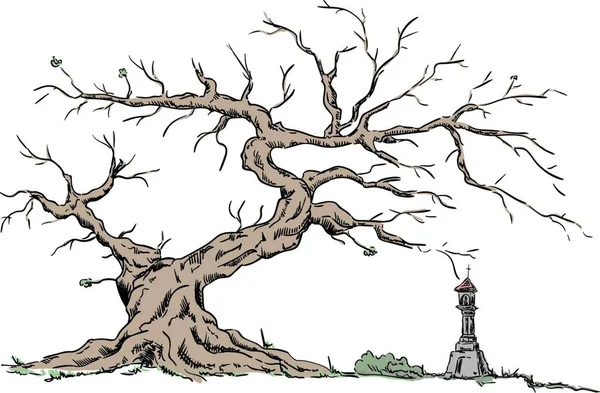 Vector Μεγάλο Παλιό Δέντρο Και Εκκλησάκι Απομονωμένος Φόντο — Διανυσματικό Αρχείο