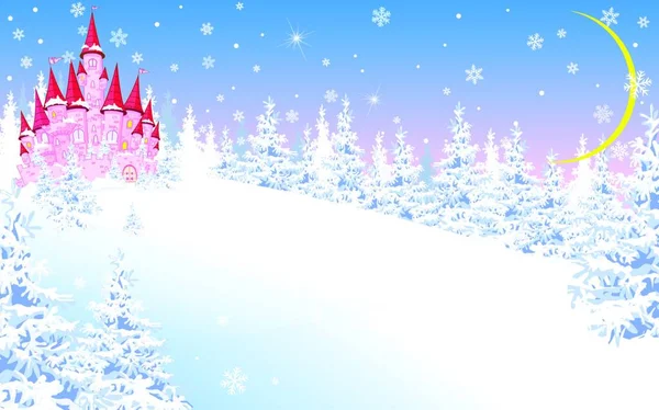Castelo Rosa Dos Desenhos Animados Paisagem Inverno Floresta Neve Noite — Vetor de Stock