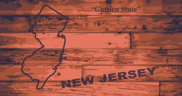 New Jersey Marka Mapy Stanu Drewnianych Deskach Zarysem Mapy Hasłem — Wektor stockowy
