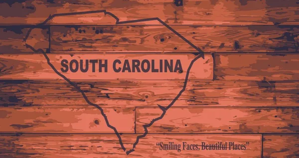 Południowa Karolina Stan Marka Map Drewnianych Deskach Zarysem Mapy Hasłem — Wektor stockowy