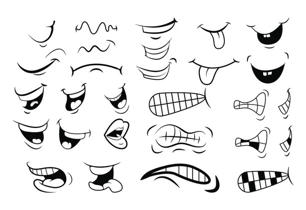 Esquema Cartoon Mouth Set Lengua Sonrisa Dientes Emociones Expresivas Diseño — Vector de stock