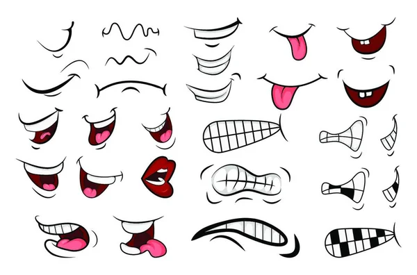 Cartoon Mouth Set Lengua Sonrisa Dientes Emociones Expresivas Diseño Plano — Archivo Imágenes Vectoriales