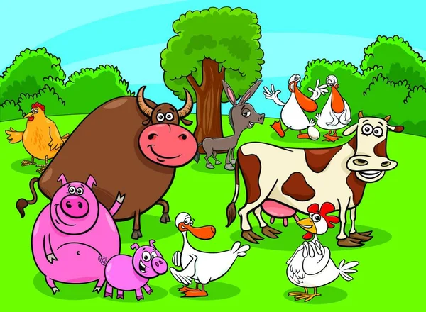 Komik Çiftlik Hayvan Karakter Grubu Çayır Üzerinde Çizgi Film Gösterimi — Stok Vektör
