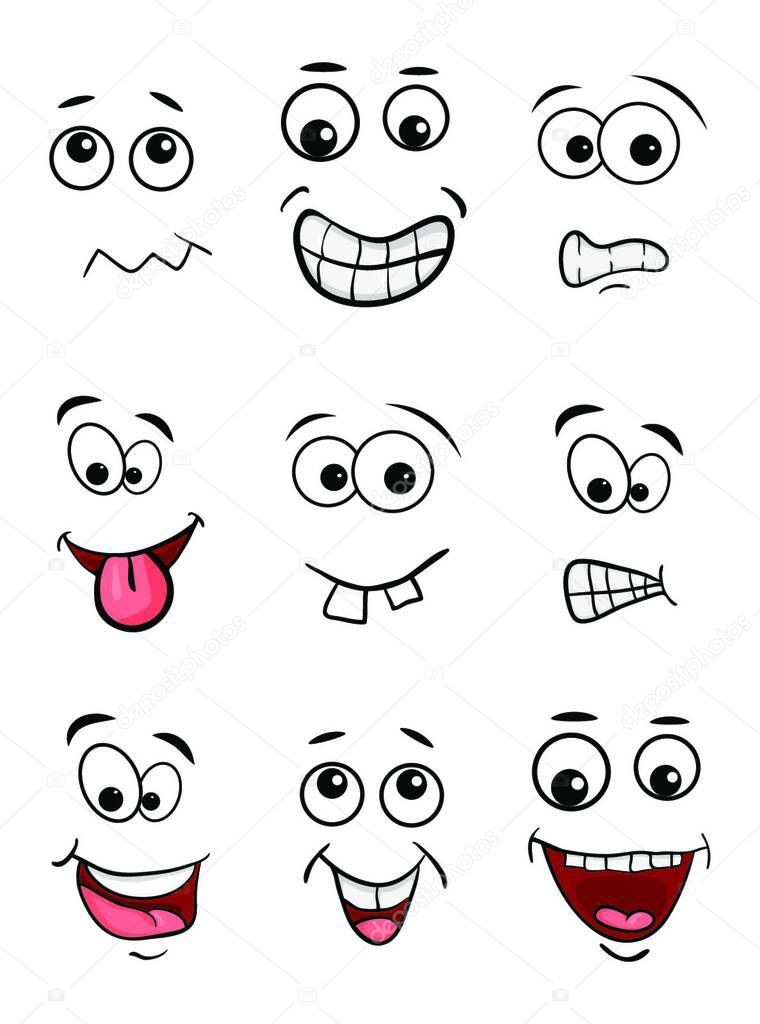 Cartoon face set isolated on white background.