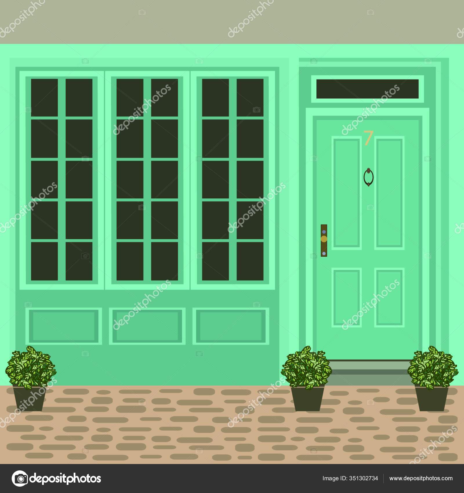 House door front with doorstep and steps porch, window, lamp, flowers in  pot, building entry facade, exterior entrance design illustration vector  flat style Stock Vector