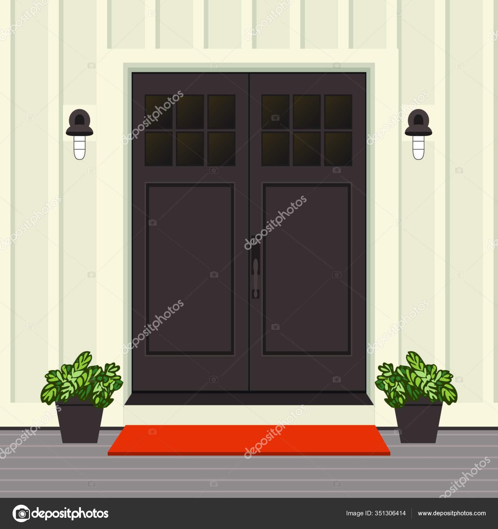 House door front with doorstep and steps, lamp, - vector clip art