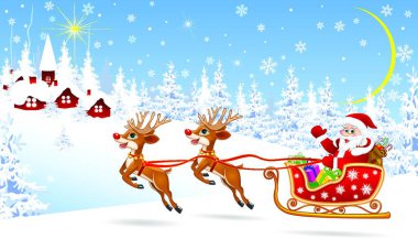 Santa and deer on background village and winter forest. Santa Claus on his sleigh, harnessed by deer. Santa Claus with gifts on his sleigh. .. clipart