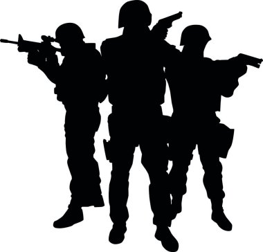 Police Immediate reaction team, special operations and counter terrorism unit three fighters in tactical ammunition, standing together and aiming weapons vector silhouette isolated on white background clipart