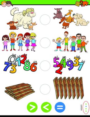 Cartoon Illustration of Educational Mathematical Puzzle Game of Greater Than, Less Than or Equal to for Preschool and Elementary Age Children clipart