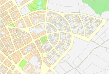 Imaginary cadastral map of an area with buildings and streets. clipart
