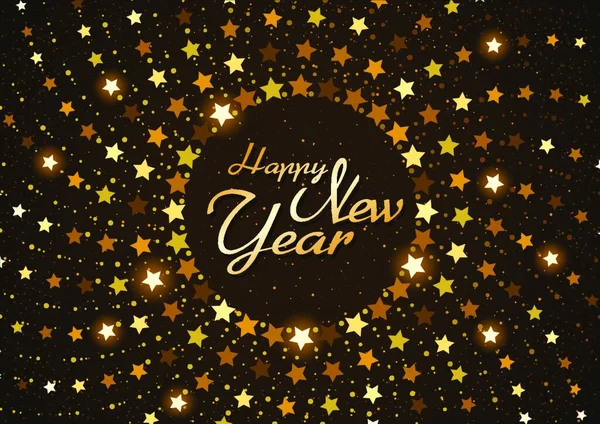 円形の螺旋の星との幸せな新年の背景 ダークな背景イラストの手書き文字でグリーティングカード ベクトル — ストックベクタ