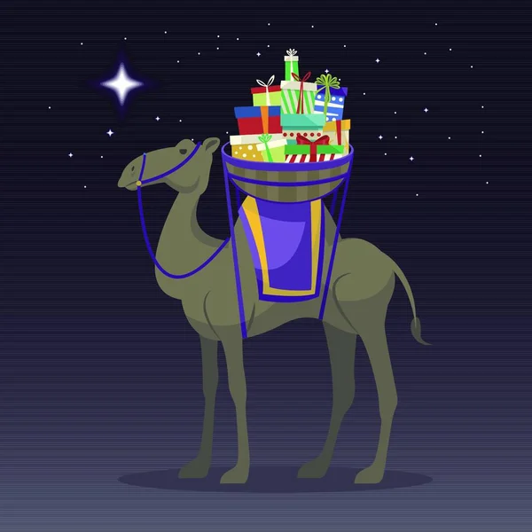 Glücklicher Tag Kamele Transportieren Geschenke Dreikönigstag Vektorillustration — Stockvektor