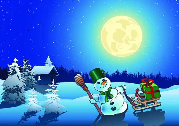 クリスマスの夜とそり付き雪だるま 背景イラスト ベクトル — ストックベクタ