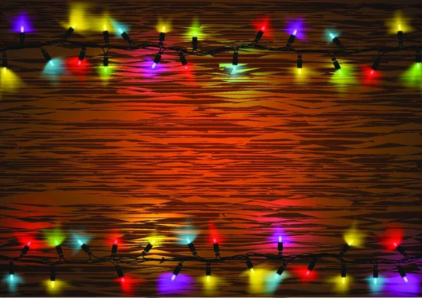 Luces Led Navidad Coloridas Con Efecto Brillante Sobre Fondo Madera — Vector de stock