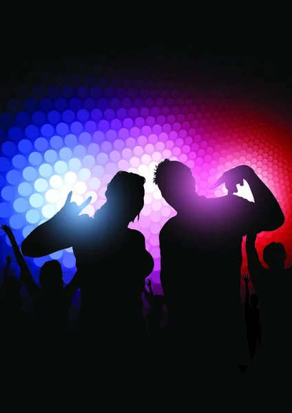 Silhouetted Party Mensen Dansen Kleurrijke Lichten Achtergrond Illustratie Vector — Stockvector