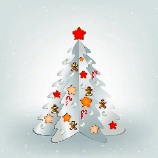Grauer Weihnachtsgruß Mit Weißem Baum Und Dekoration — Stockvektor