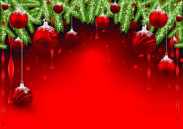 クリスマスの背景に赤のつまらない 針葉樹の枝 紙吹雪を落ちるとリボン お祝いイラスト ベクトルをぶら下げ — ストックベクタ