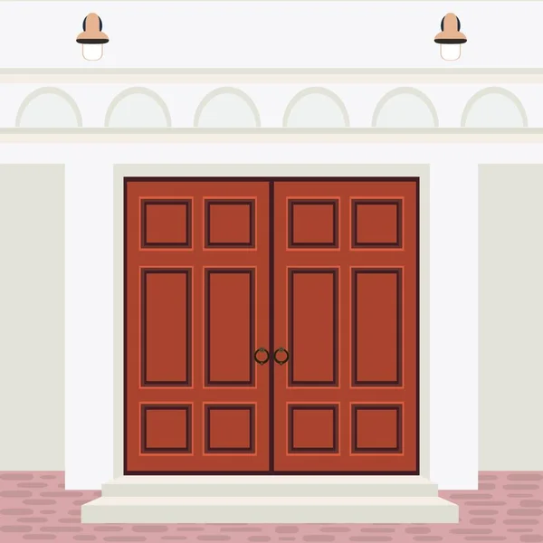 玄関口 ウィンドウ ステップ ランプおよびプラント エントリ ファサードのフラット スタイルの外観の入口のデザイン イラストを建築家ドア フロント — ストックベクタ