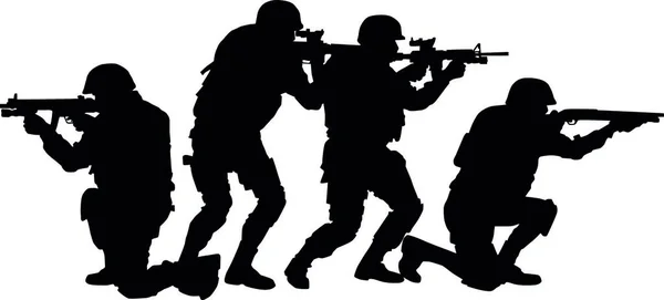 Swat 反恐或禁毒战术小组 特别安全部队战士站在膝盖上一个在其他和瞄准武器载体剪影查出在白色背景 — 图库矢量图片