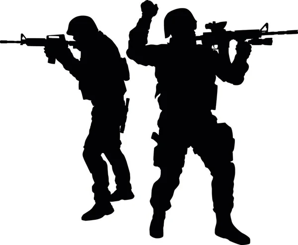 軍や警察の特殊部隊の戦術部隊 Swat チーム カウンター テロリスト集団戦闘機は 手信号を与えることを目指して 白で隔離サービス ライフル ベクトル シルエットで撮影 — ストックベクタ