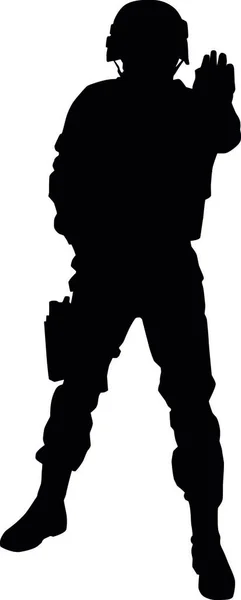 武装军队士兵 特别保安队警卫 警察斯瓦特警察制服和头盔伸展手向前和推停止手信号 黑色向量剪影隔离在白色背景 — 图库矢量图片